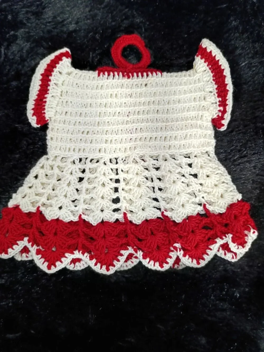 Handmade Crochet Dress-Style Kitchen Towel Holder In White & Red With Hanging Lo